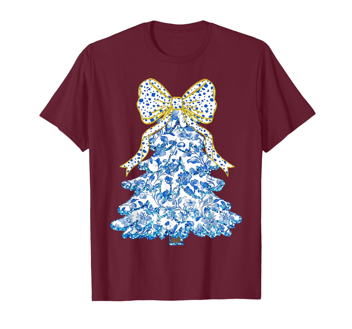 Blue Floral Coquette Bow Christmas Tree Chinoiserie Women T-Shirt