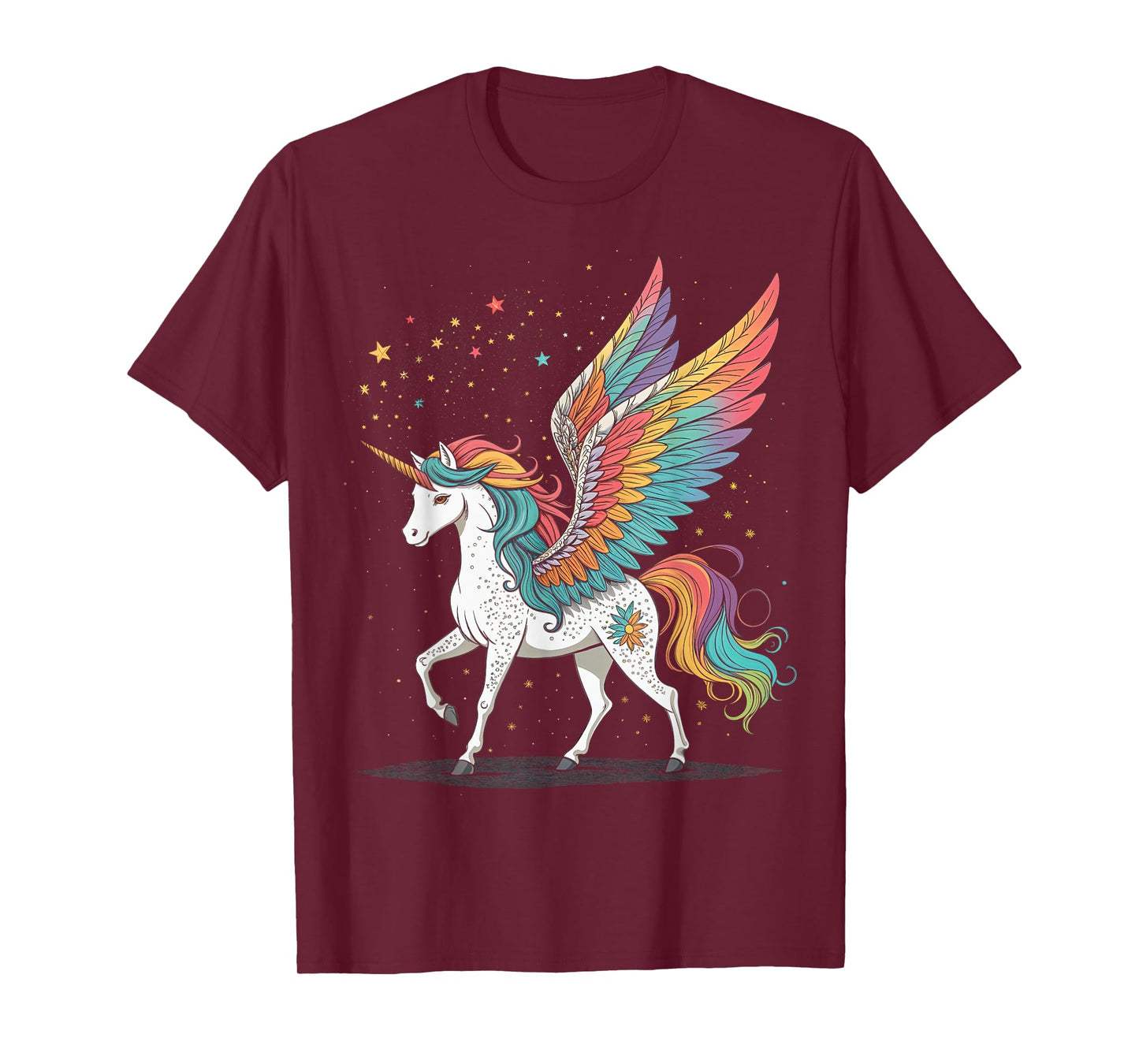 Magical Rainbow Unicorn with Wings Black Background Art T-Shirt