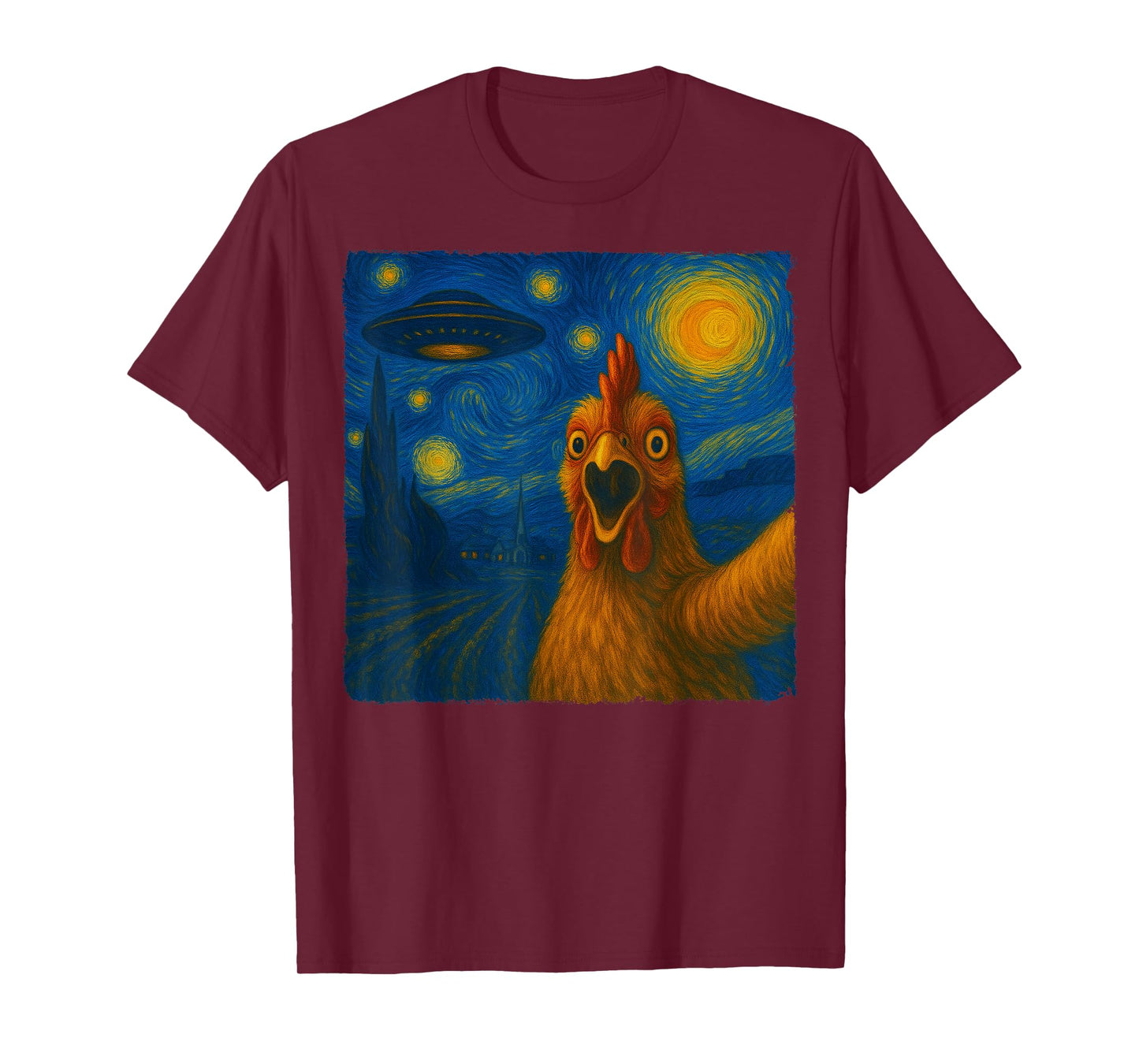 Chicken Selfie with UFO Starry Night Van Gogh Men Women Kid T-Shirt