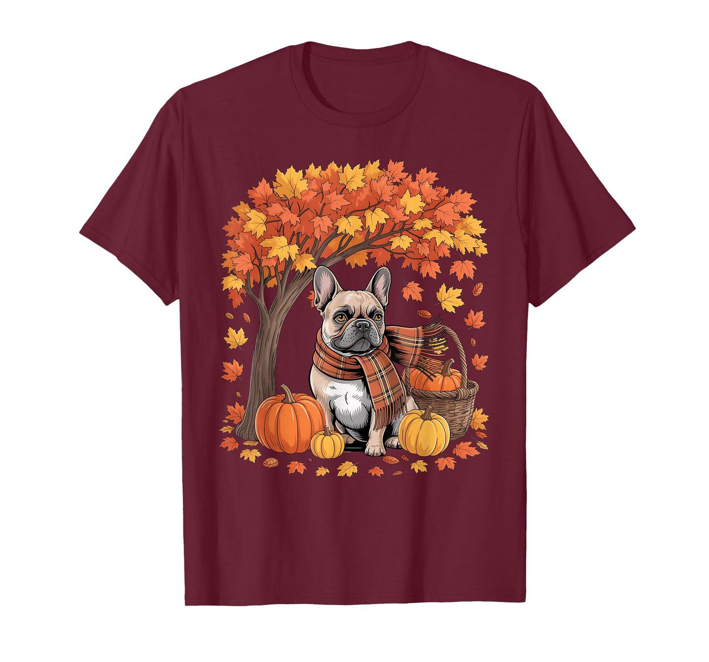 French Bulldog Fall Scarf Pumpkin Autumn Leaves Thanksgiving T-Shirt