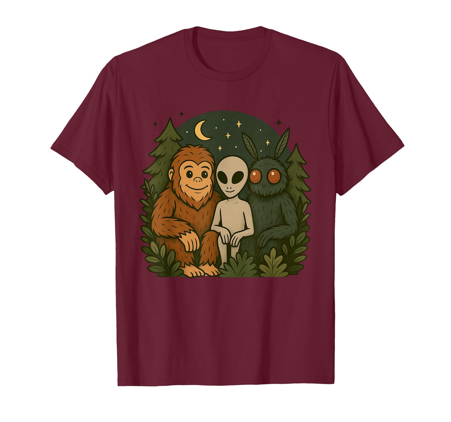 Whimsical Cute Mothman Bigfoot And Alien Funny Cryptid Art T-Shirt
