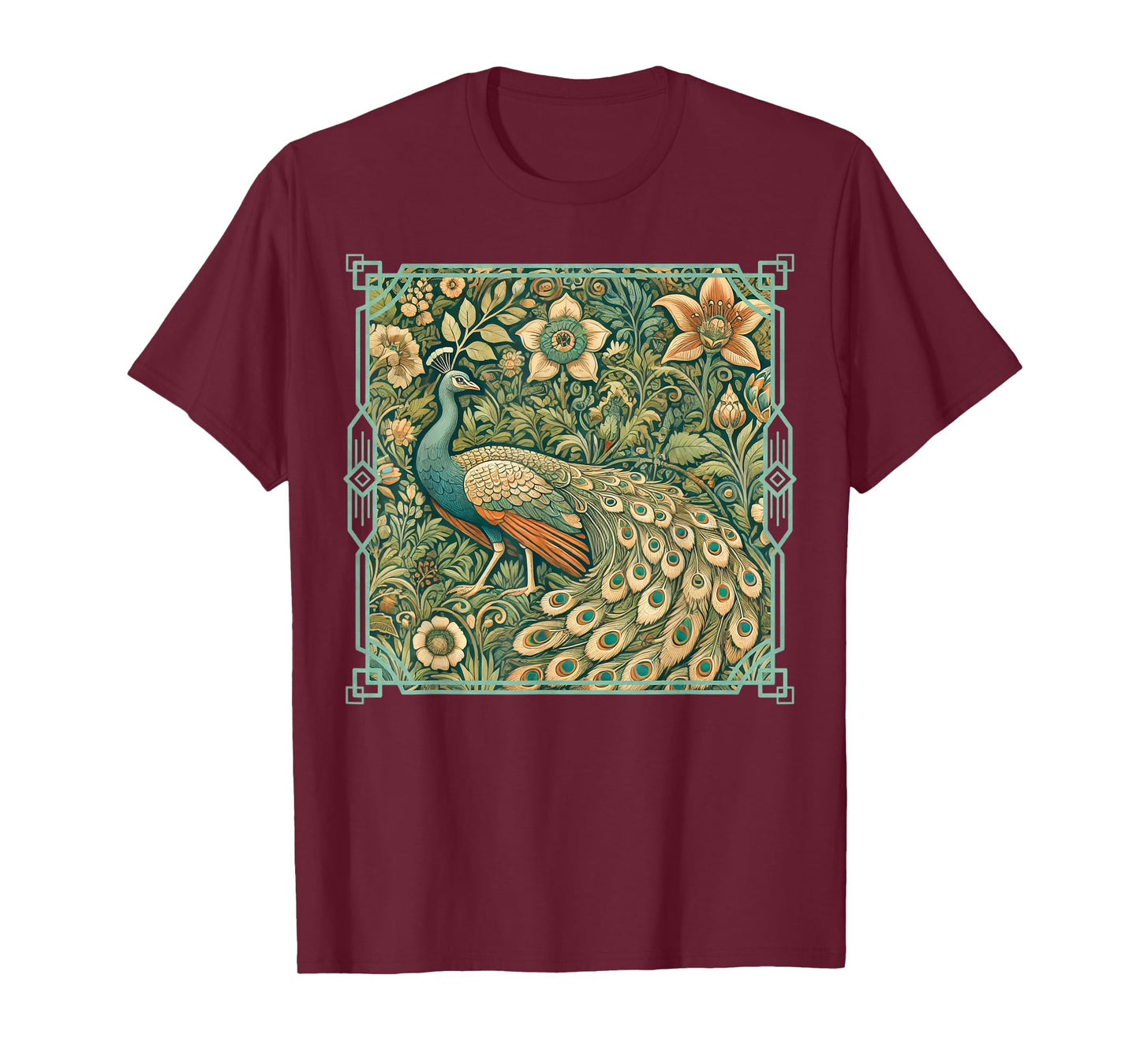 Art Nouveau Peacock in a Vintage Flower Garden T-Shirt