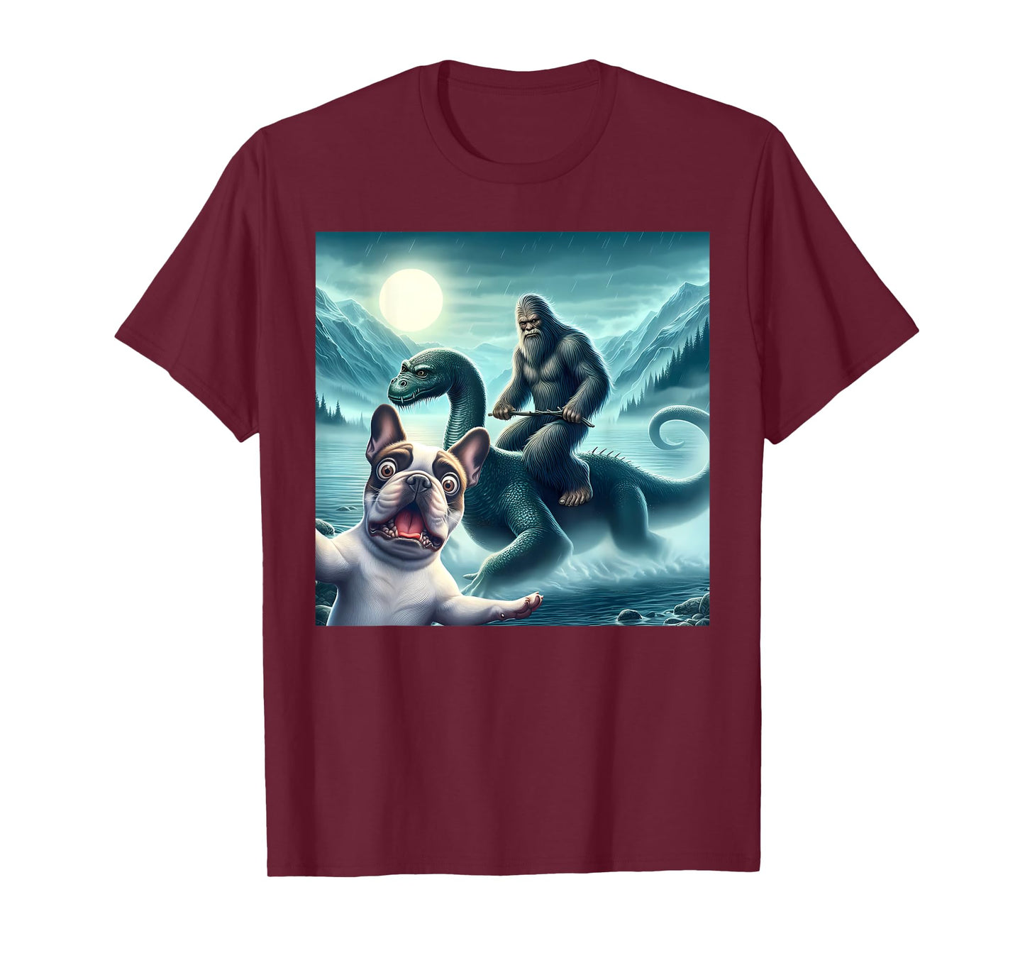 French bulldog Selfie with bigfoot riding loch Ness T-Shirt
