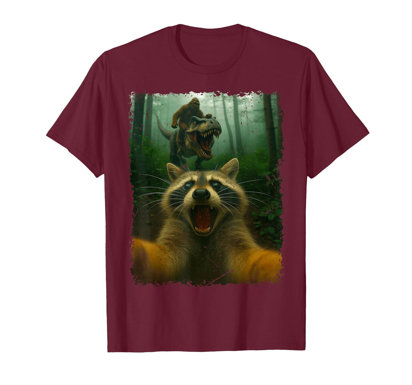 Funny Raccoon Selfie with T-Rex Dinosaur and Bigfoot T-Shirt