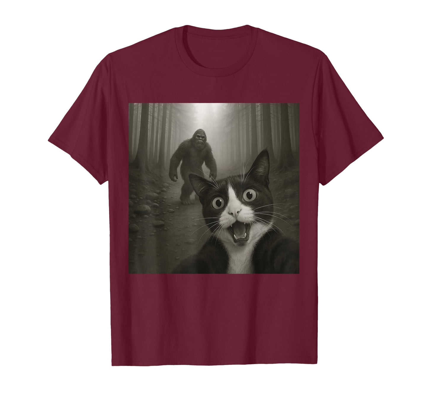 Funny Surprised Scared Tuxedo Cat Selfie With Bigfoot T-Shirt
