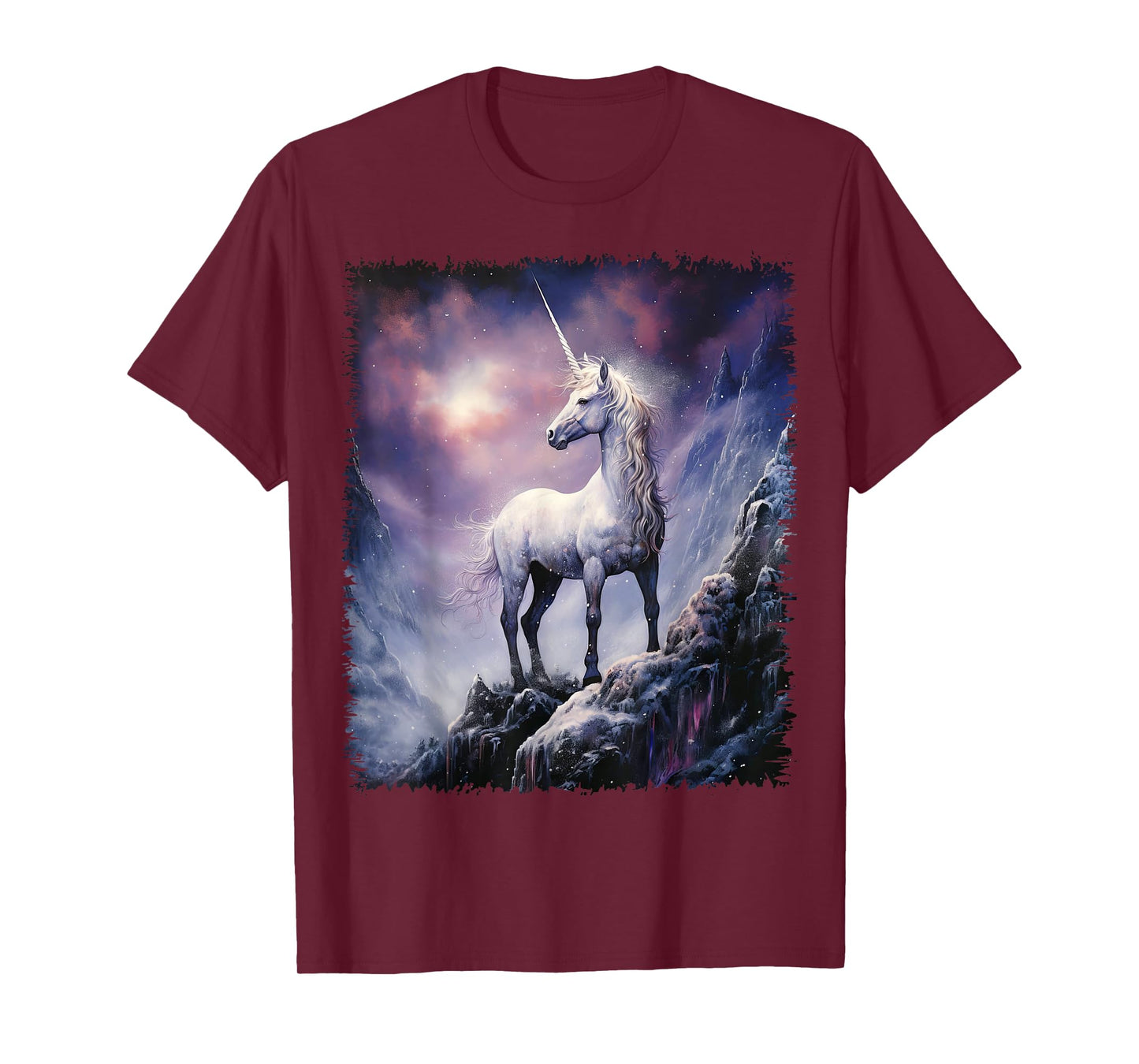 Fantasy white Unicorn standing on the snowy hill T-Shirt