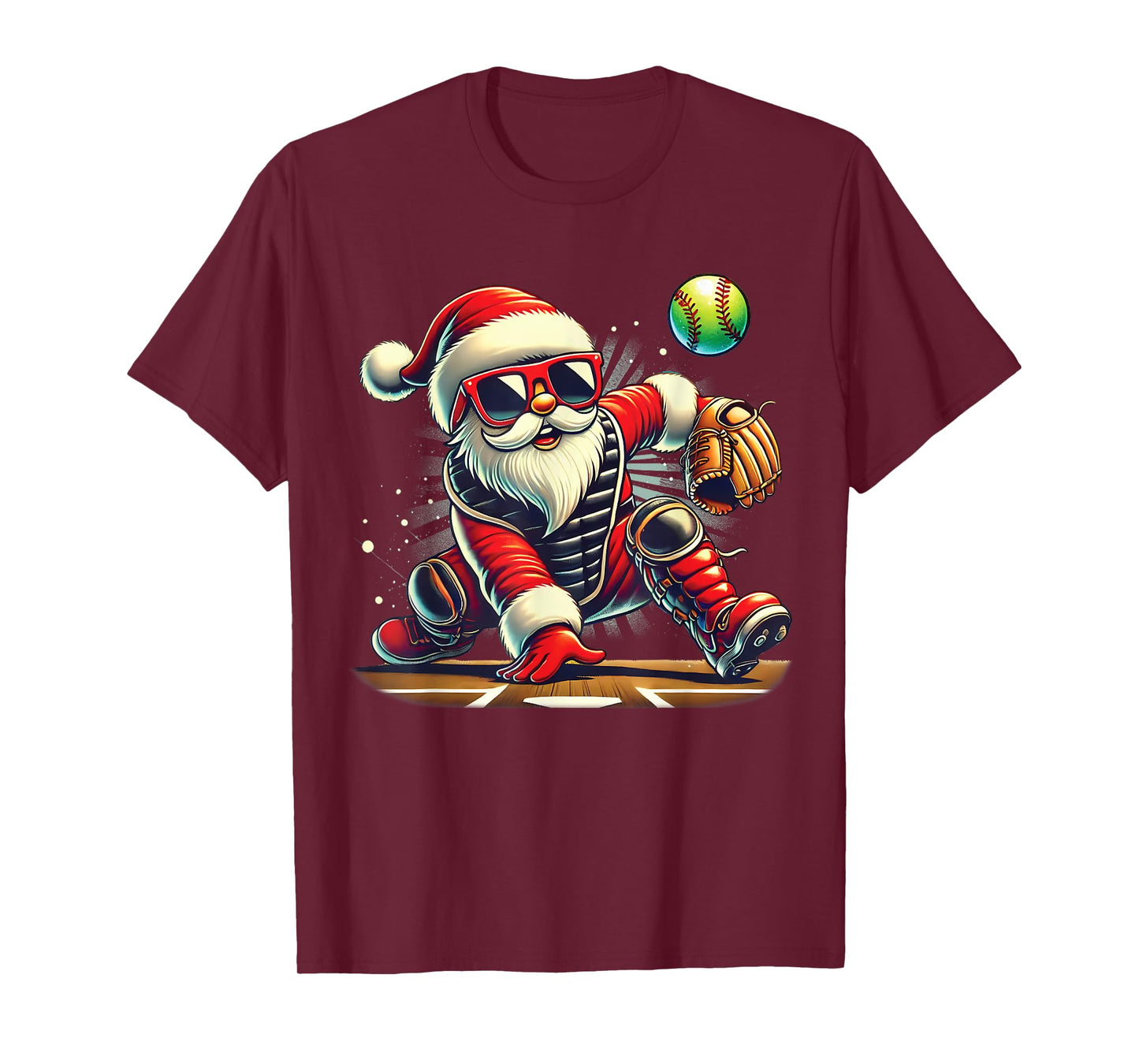 Santa Playing softball Catcher Girls kids funny Christmas T-Shirt