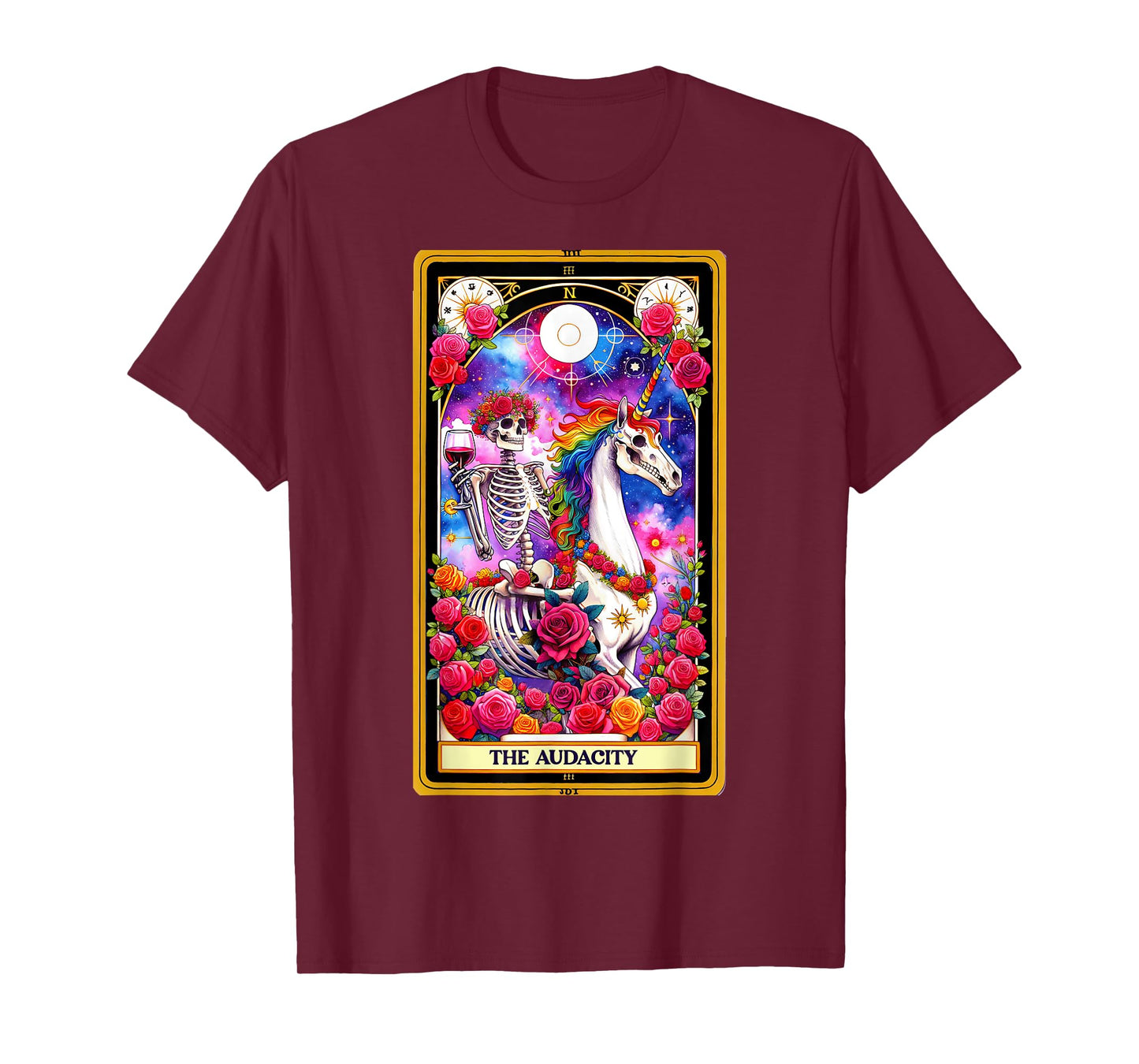 The Audacity Tarot Card Skeleton Skelly Unicorn Wine Women T-Shirt