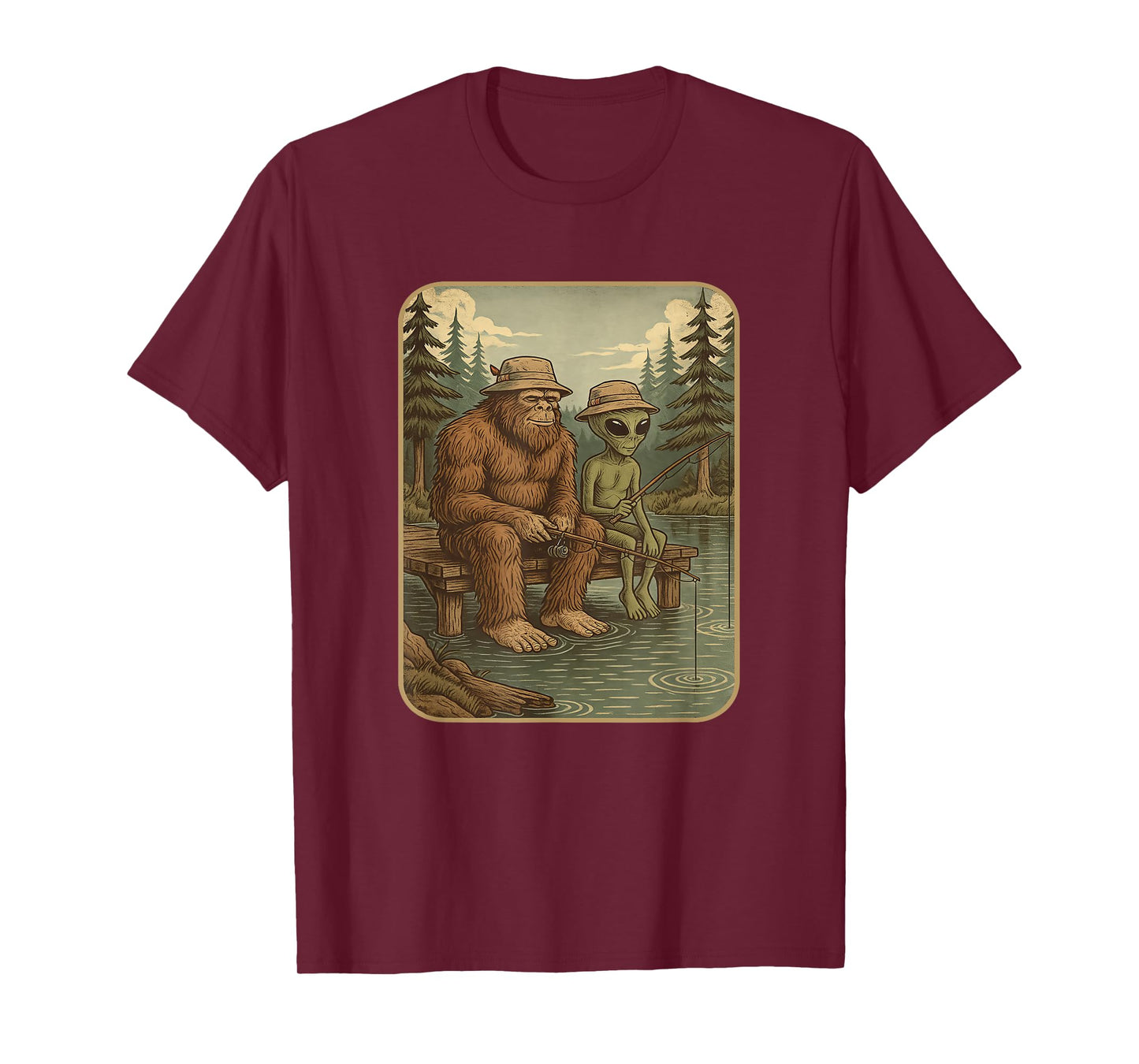 Bigfoot Fishing Shirt Men Boys Sasquatch Fishing Distressed T-Shirt