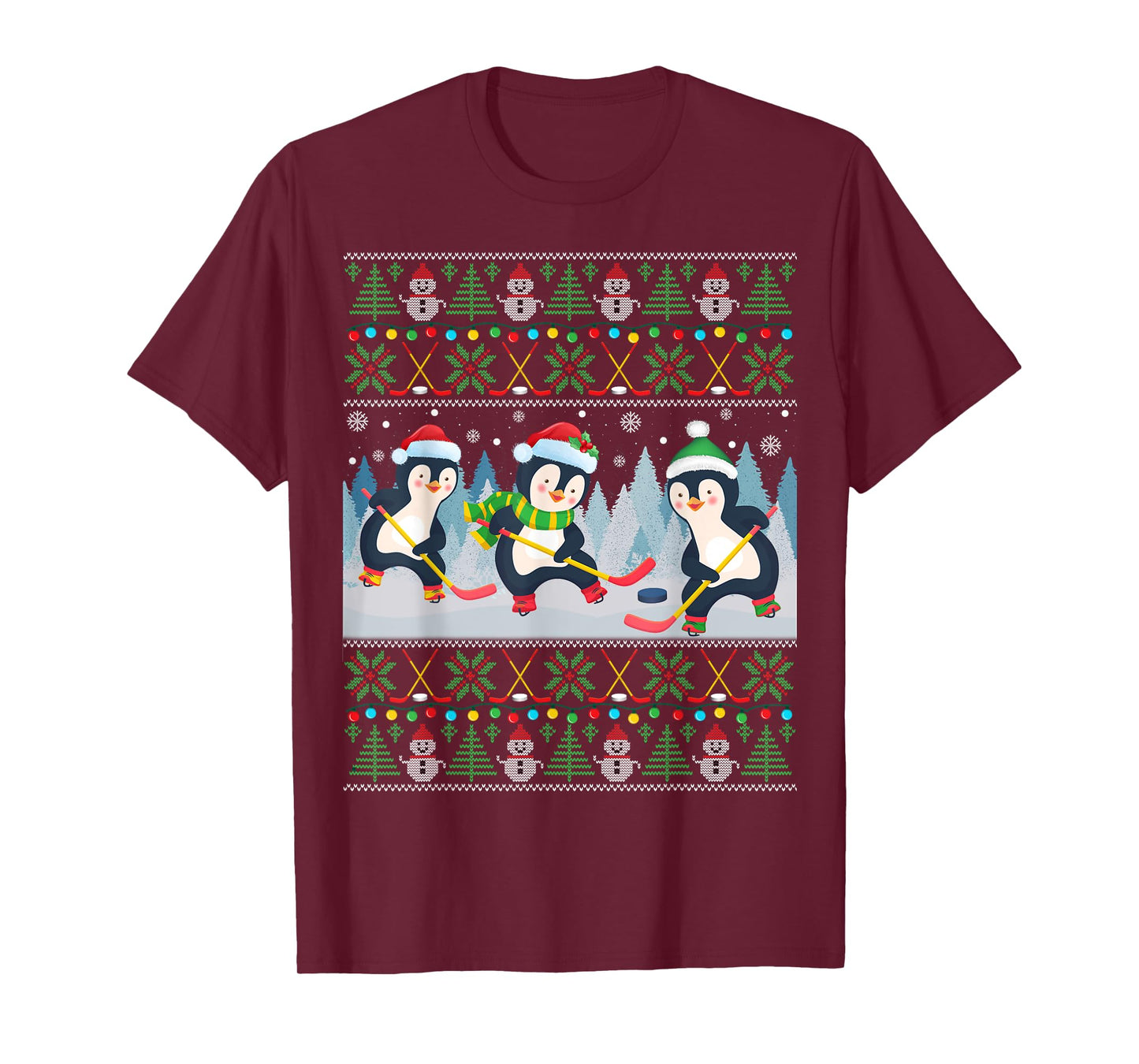 Penguin Playing Hockey Ugly Christmas Sweater Penguin Santa T-Shirt