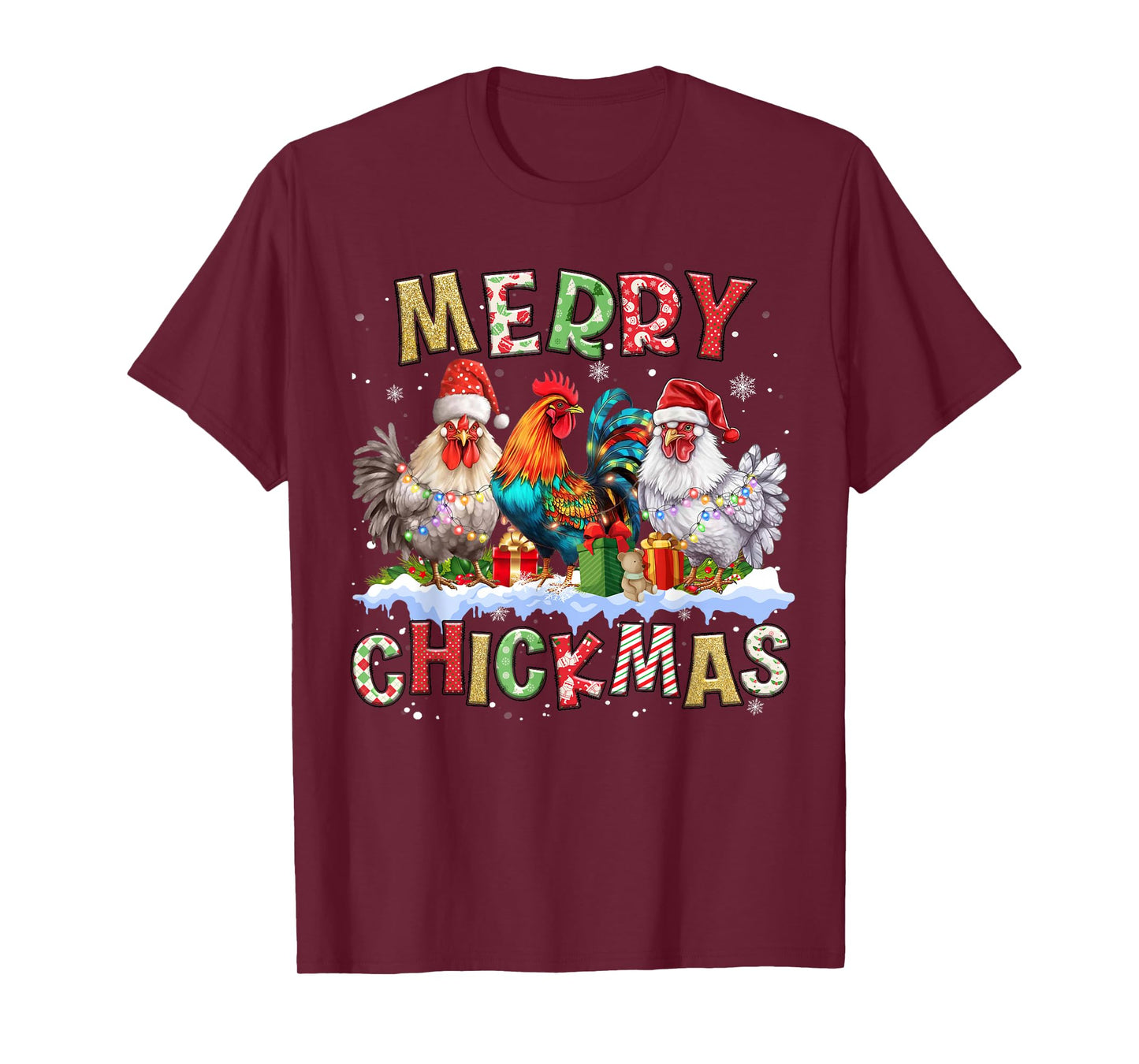 2025 Christmas Chicken Funny Christmas Lights Kids Women Men T-Shirt