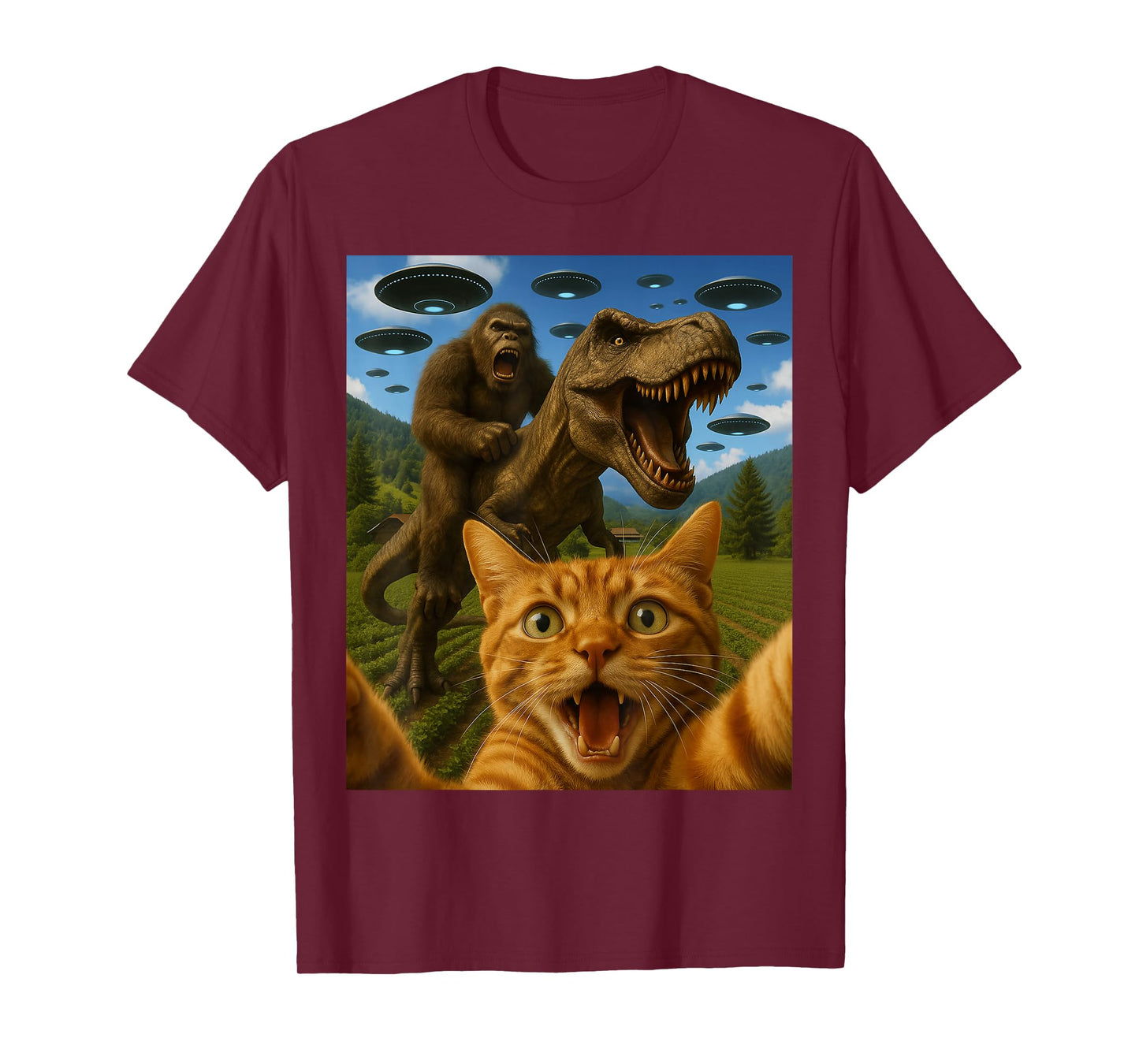 Funny Graphic Cat Selfie With Bigfoot Riding T-rex Dinosaur T-Shirt