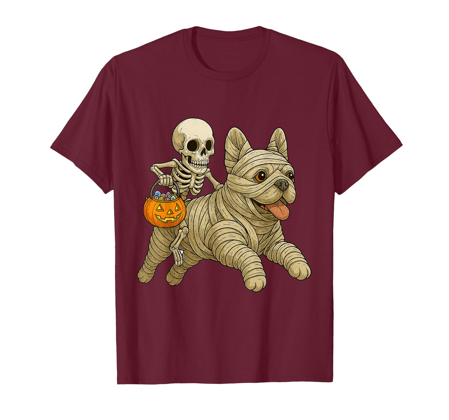 Skeleton Riding Mummy French Bulldog Dog Halloween Funny T-Shirt