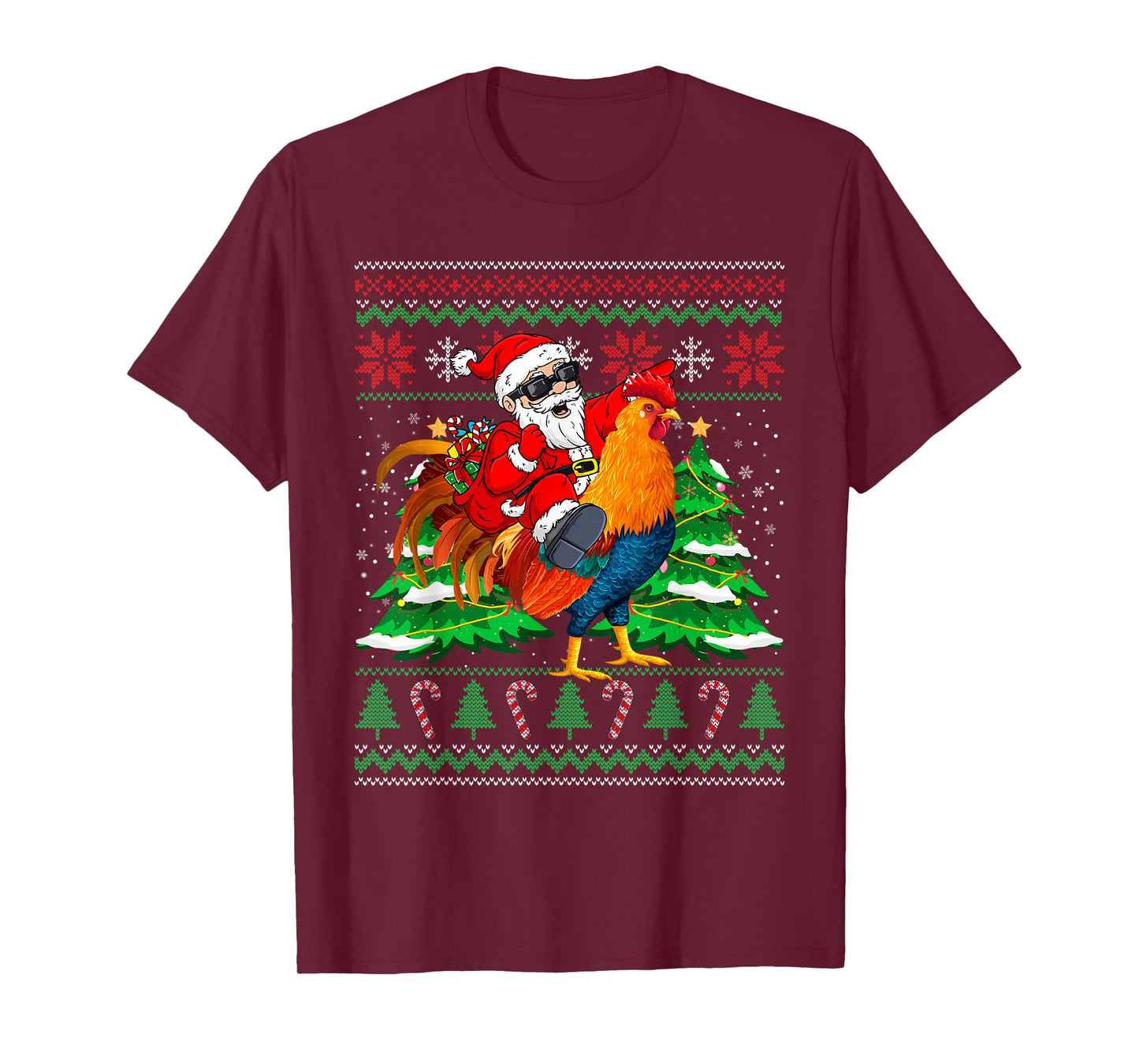 Santa With Rooster Christmas Tree Farmer Ugly Xmas Sweater T-Shirt