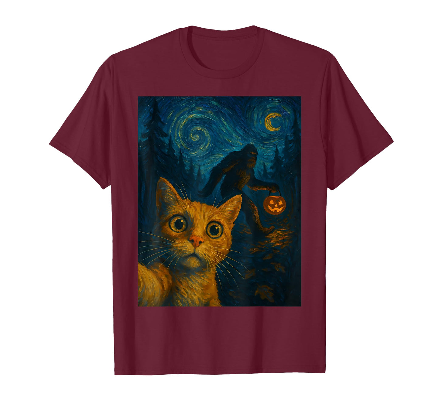 Cat Selfie Bigfoot Halloween Sasquatch Van Gogh Starry Night T-Shirt