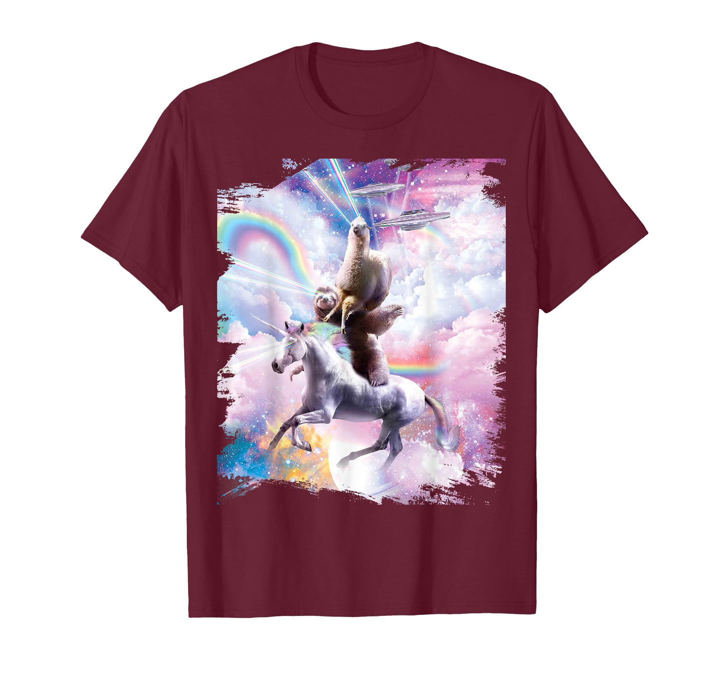 Laser Eyes Space Llama on Sloth Unicorn - Rainbow T-Shirt