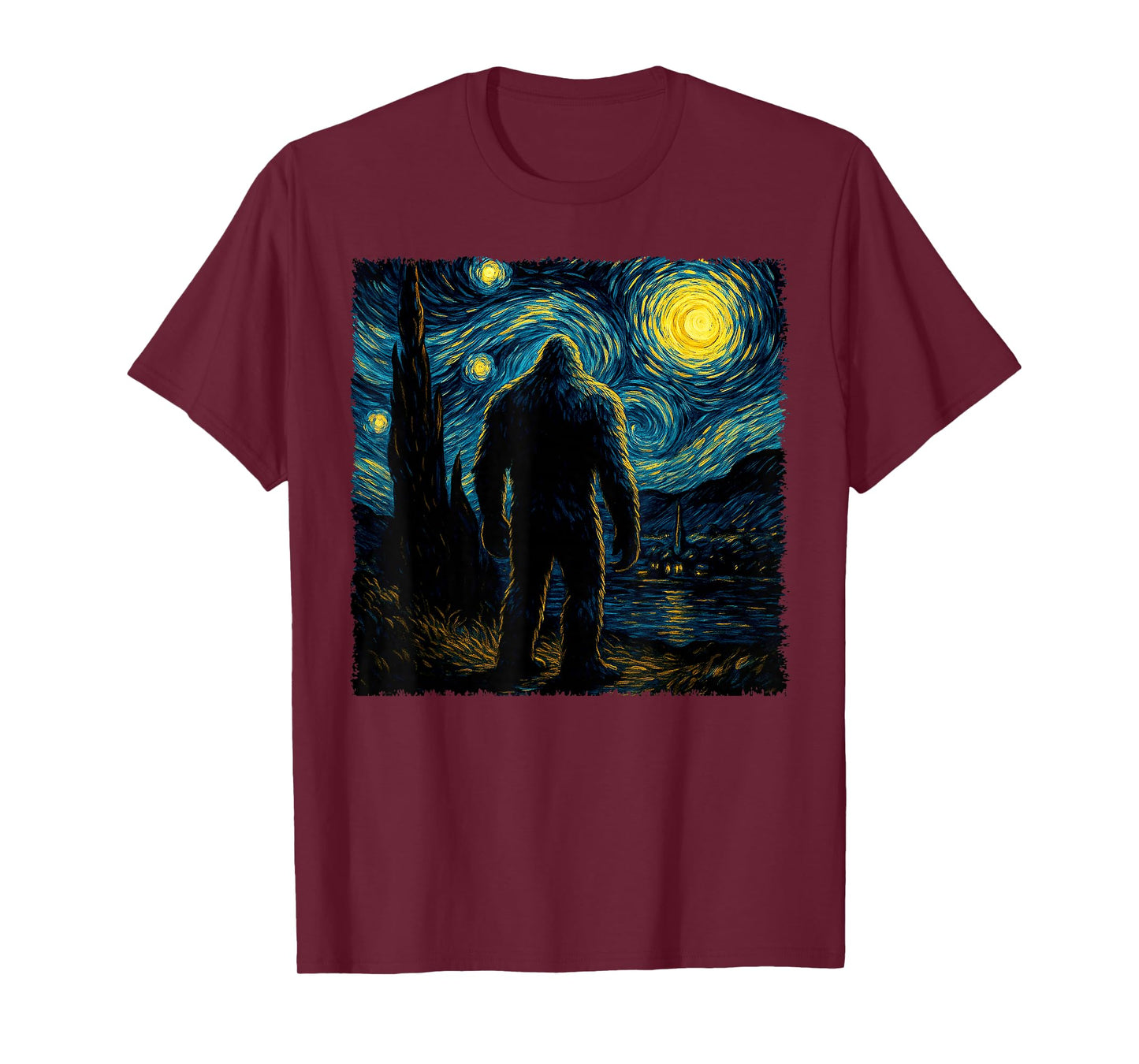 Bigfoot Starry Night Sasquatch Van Gogh Sky Painting Art T-Shirt