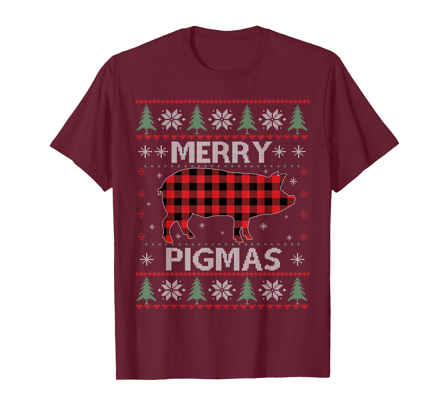 Merry Pigmas Pig Red Plaid Ugly Sweater Xmas Funny T-Shirt