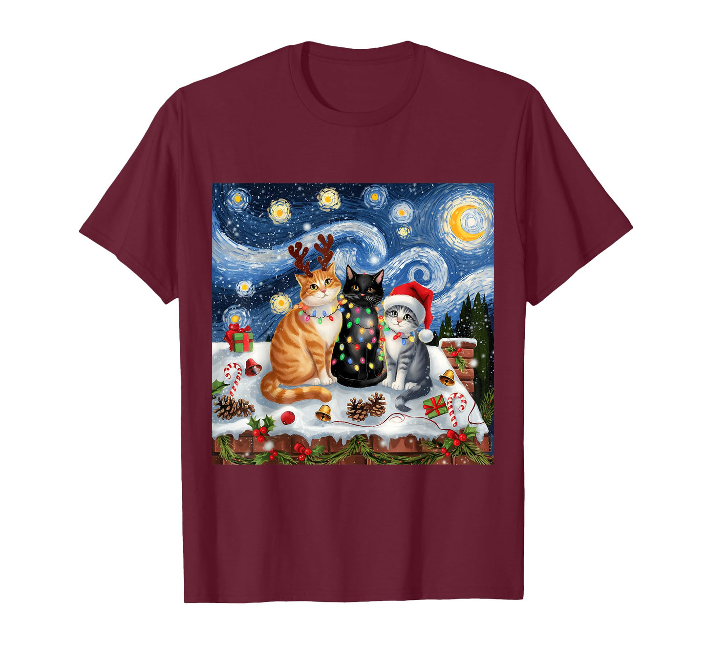Christmas Van Gogh Starry Night Black Cat Santa Funny Xmas T-Shirt