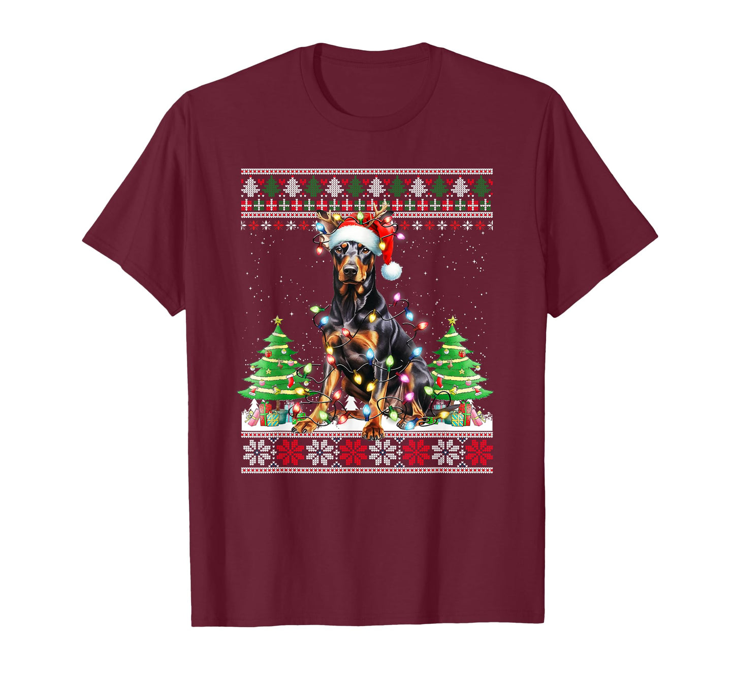 Doberman Dog Reindeer Christmas Lights T-Shirt