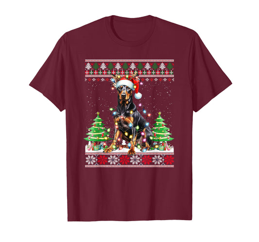 Doberman Dog Reindeer Christmas Lights T-Shirt