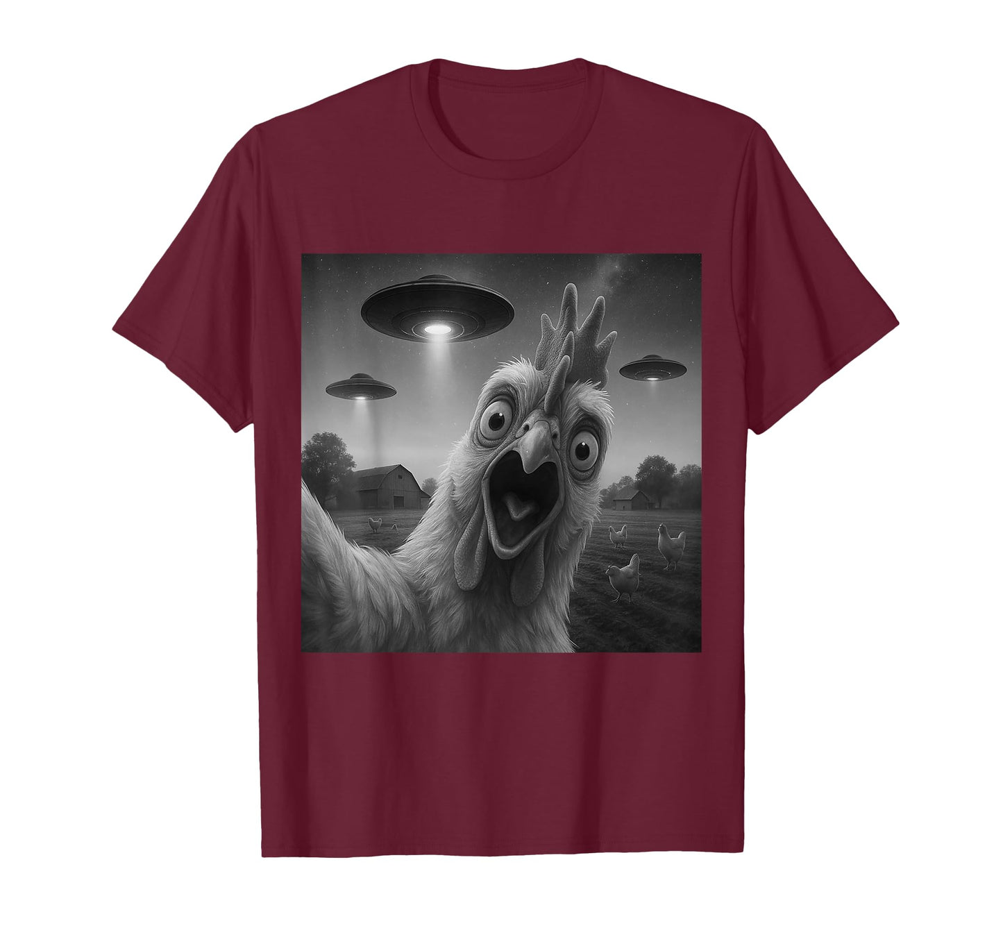 Chicken Rooster Funny Selfie Chicken with UFOs Weird Aliens T-Shirt