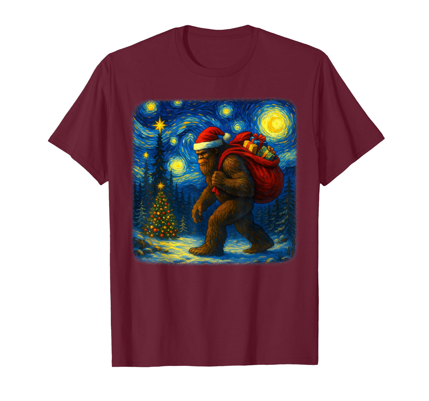 Bigfoot Santa Christmas Starry Night Sasquatch Van Gogh Art T-Shirt