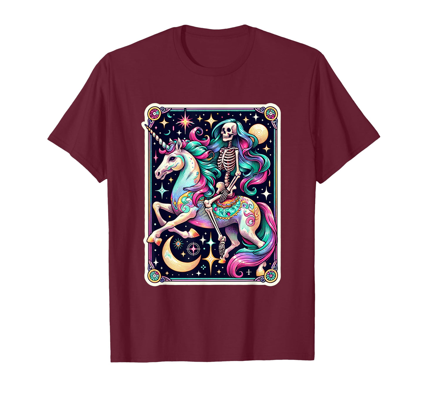 Skeleton Riding Unicorn Tarot Card Celestial Fantasy Art T-Shirt