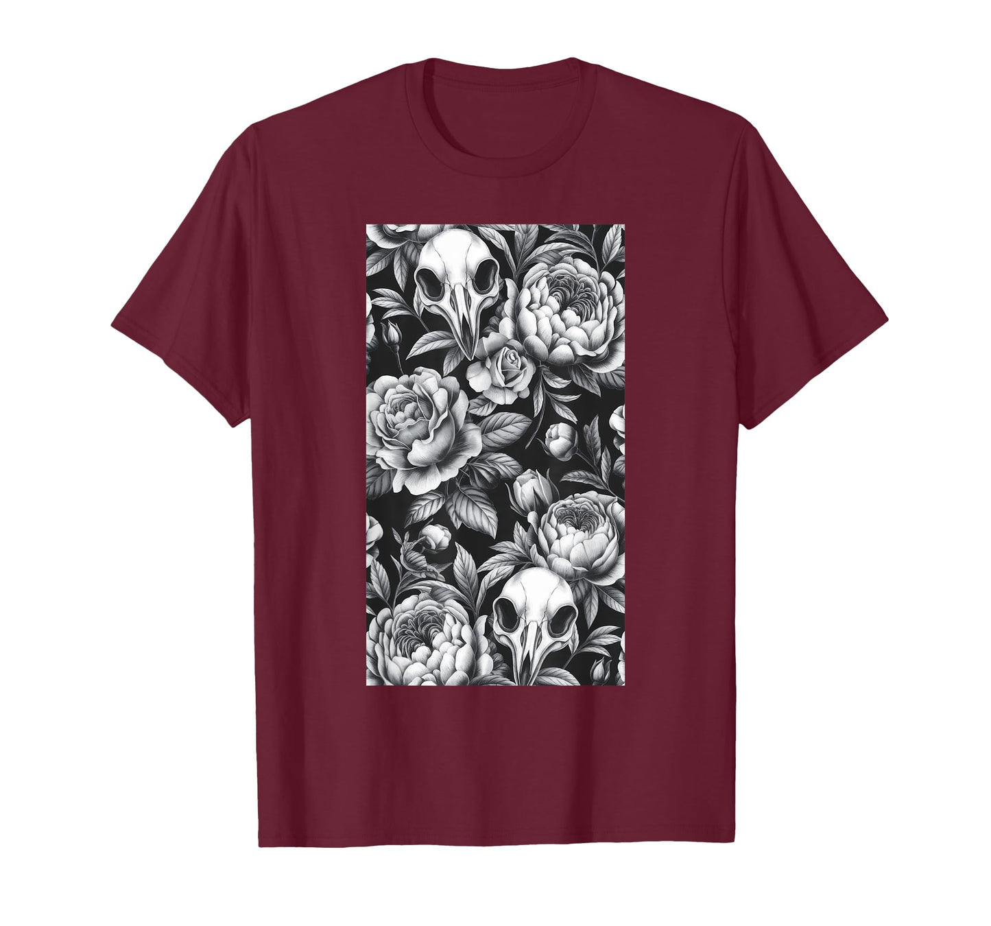 Skull Bird Baroque Vintage Flower Halloween Rose T-Shirt