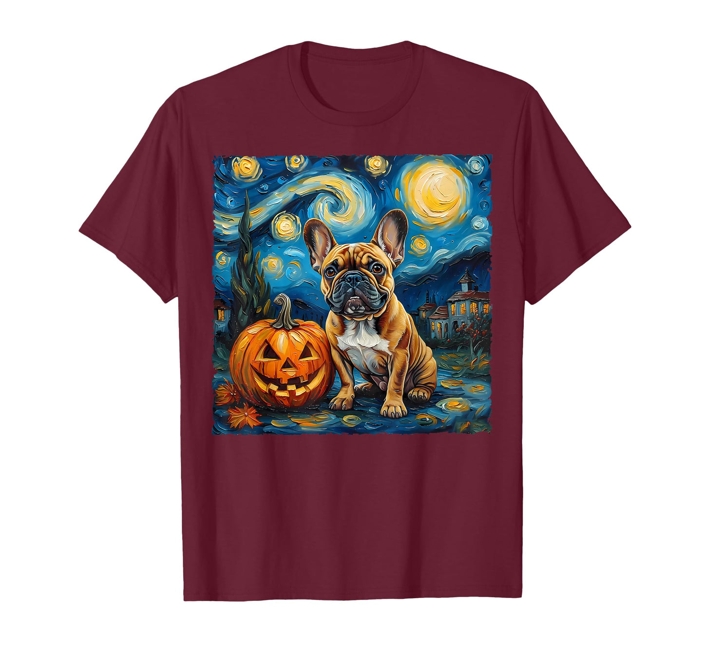 French Bulldog Pumpkin Starry Night Style Autumn Halloween T-Shirt