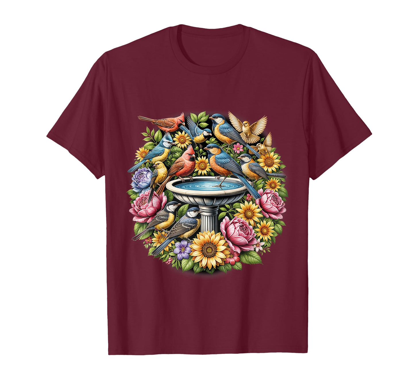 Birds Spring Flowers Shirt Water Fountain Birdwatcher Birder T-Shirt