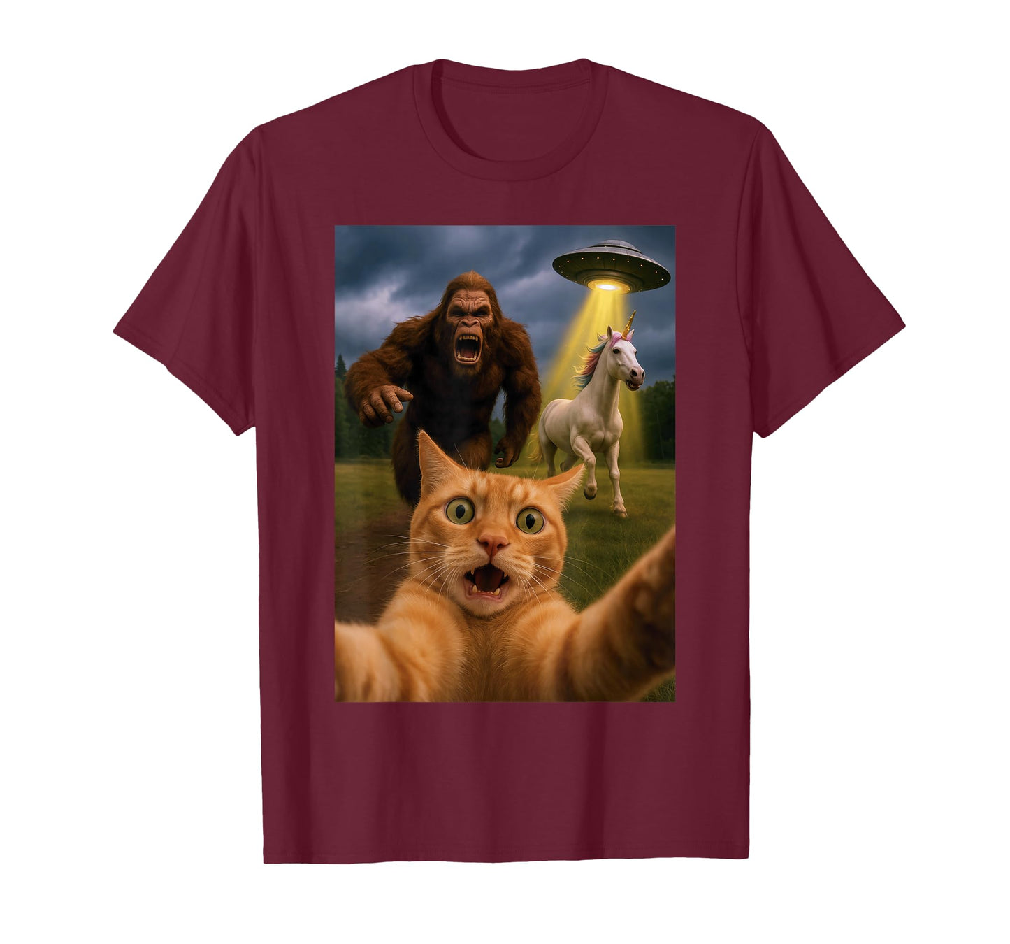 Funny Graphic Tee Cat Selfie with Bigfoot Unicorn UFO T-Shirt