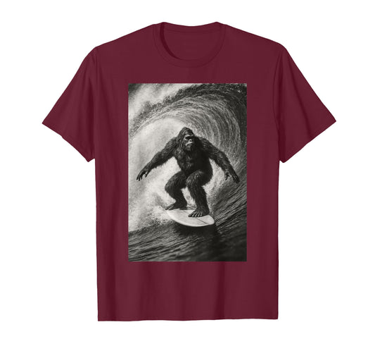 Funny Surfing Bigfoot Sea Selfie On Surfboard Beach Animal T-Shirt