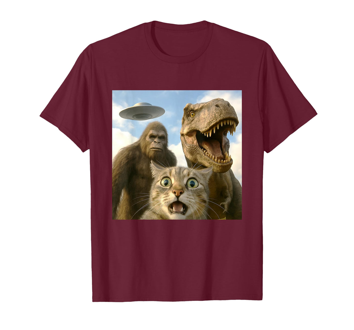 Funny Cat Selfie with Bigfoot Dinosaur UFO for Men Women T-Shirt