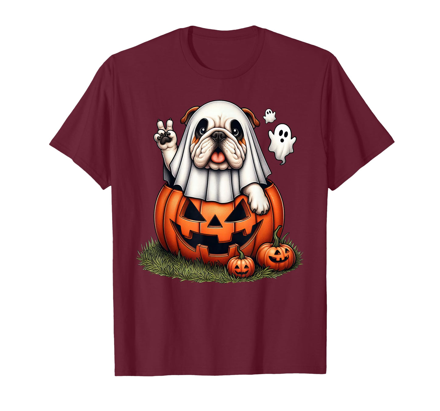Funny English Bulldog Ghost Boo Halloween Womens Mens Kids T-Shirt