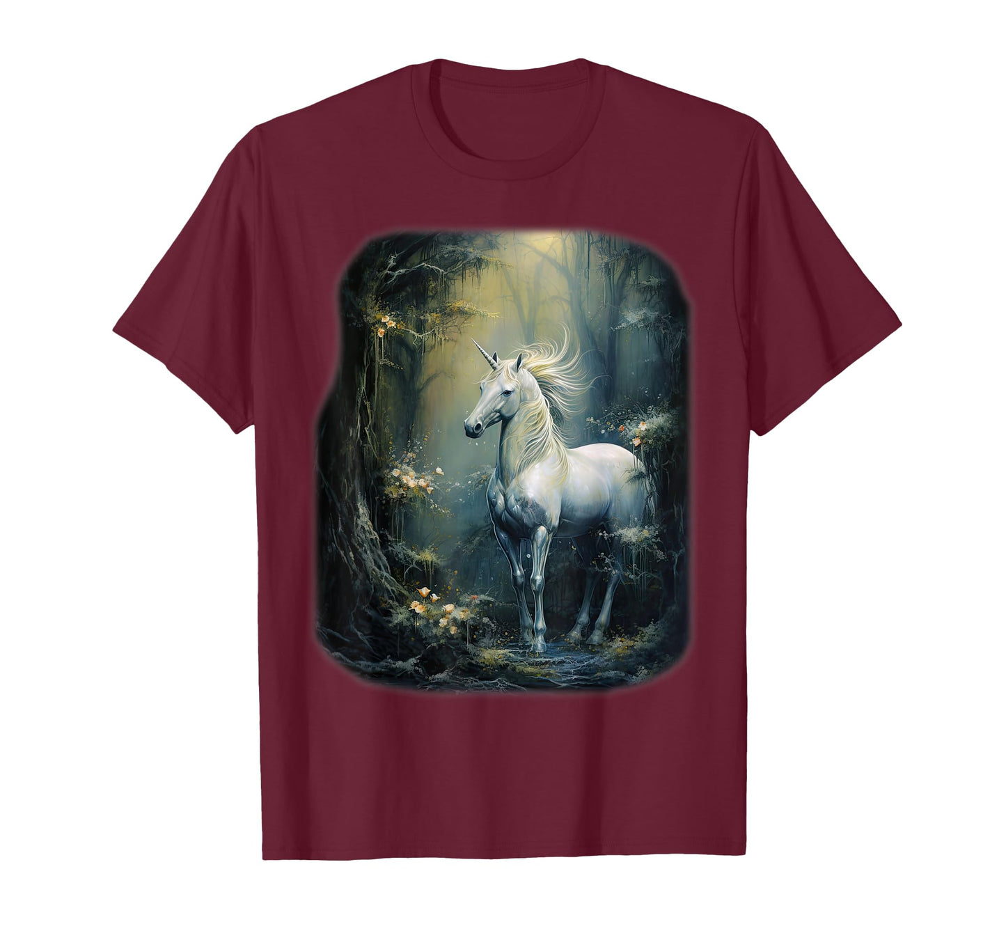 Fantasy white Unicorn standing in a Forest T-Shirt