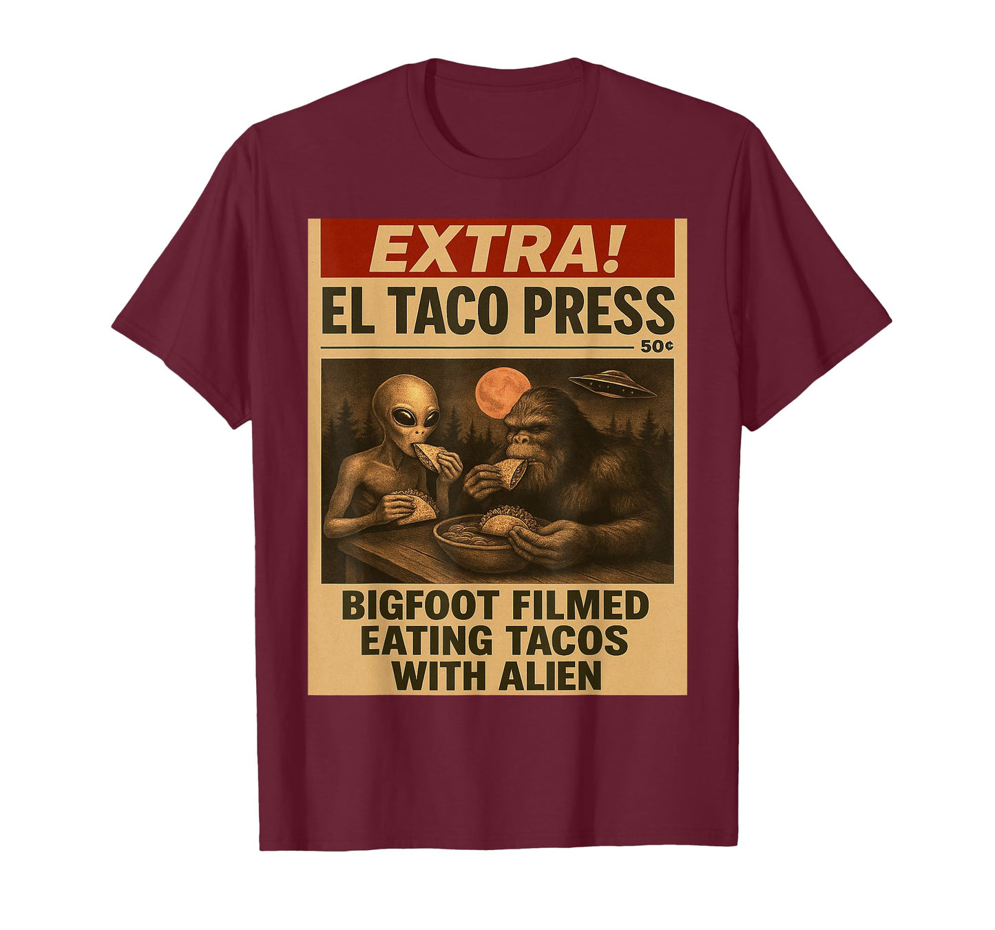Bigfoot and Alien Eating Tacos Funny Vintage Newspaper UFO T-Shirt