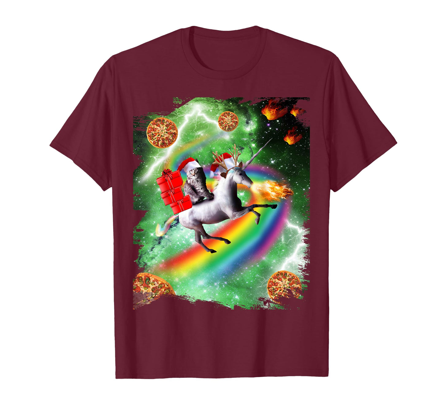 Christmas Cat Santa Riding Unicorn, Space Pizza Funny T-Shirt for Men Women Kids