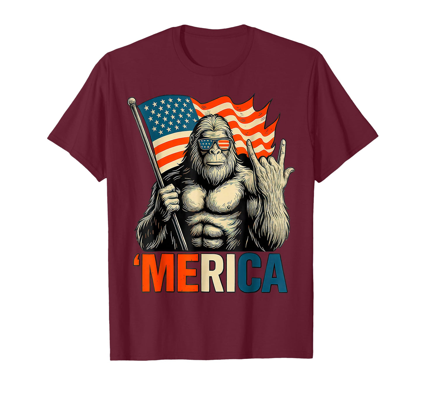 Bigfoot Merica Rock Patriotic American Flag 4th Of July T-Shirt