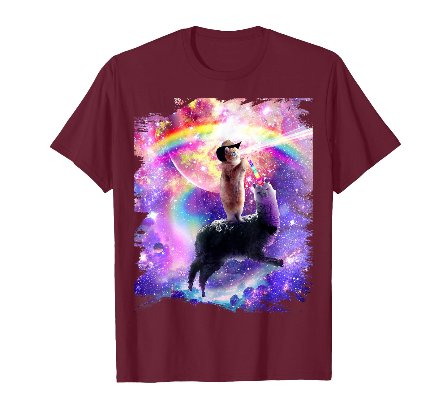 Laser Galaxy Space Cat on Rainbow Llama Unicorn T-Shirt for Men Women Girls Kids
