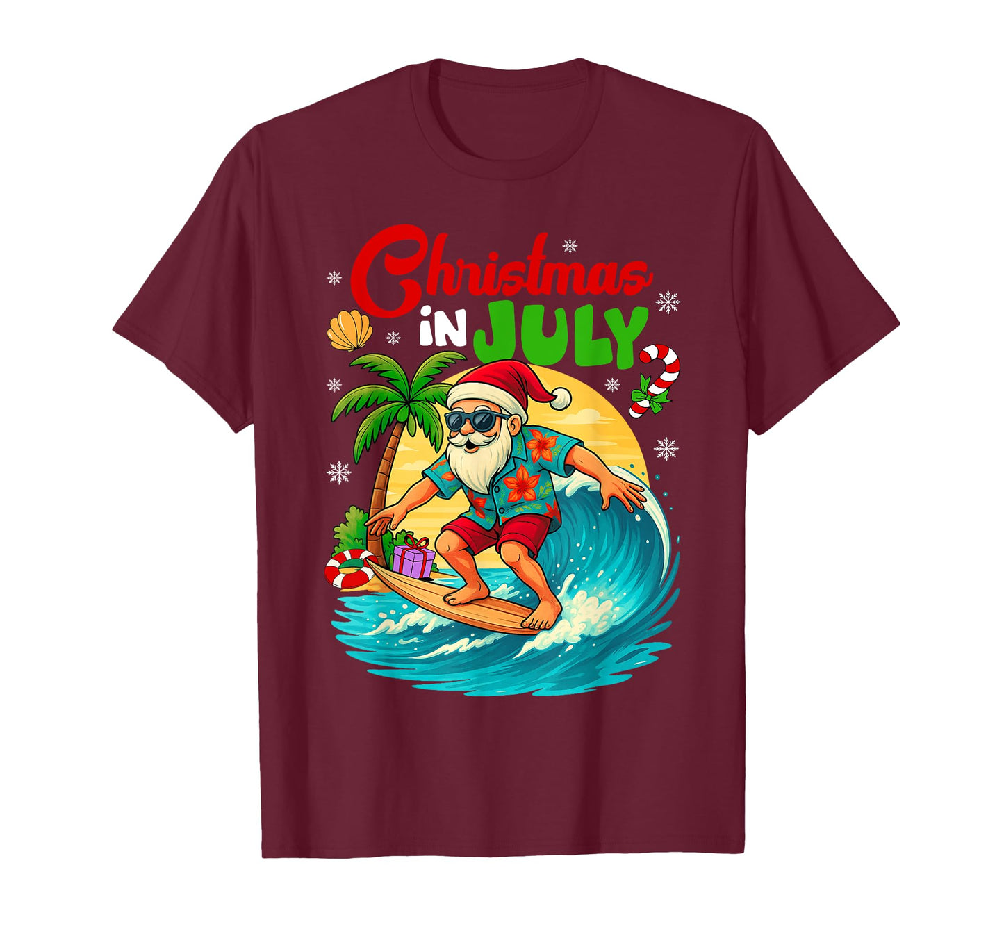 Christmas In July Hawaii Santa Surfing Summer Beach Vacation T-Shirt