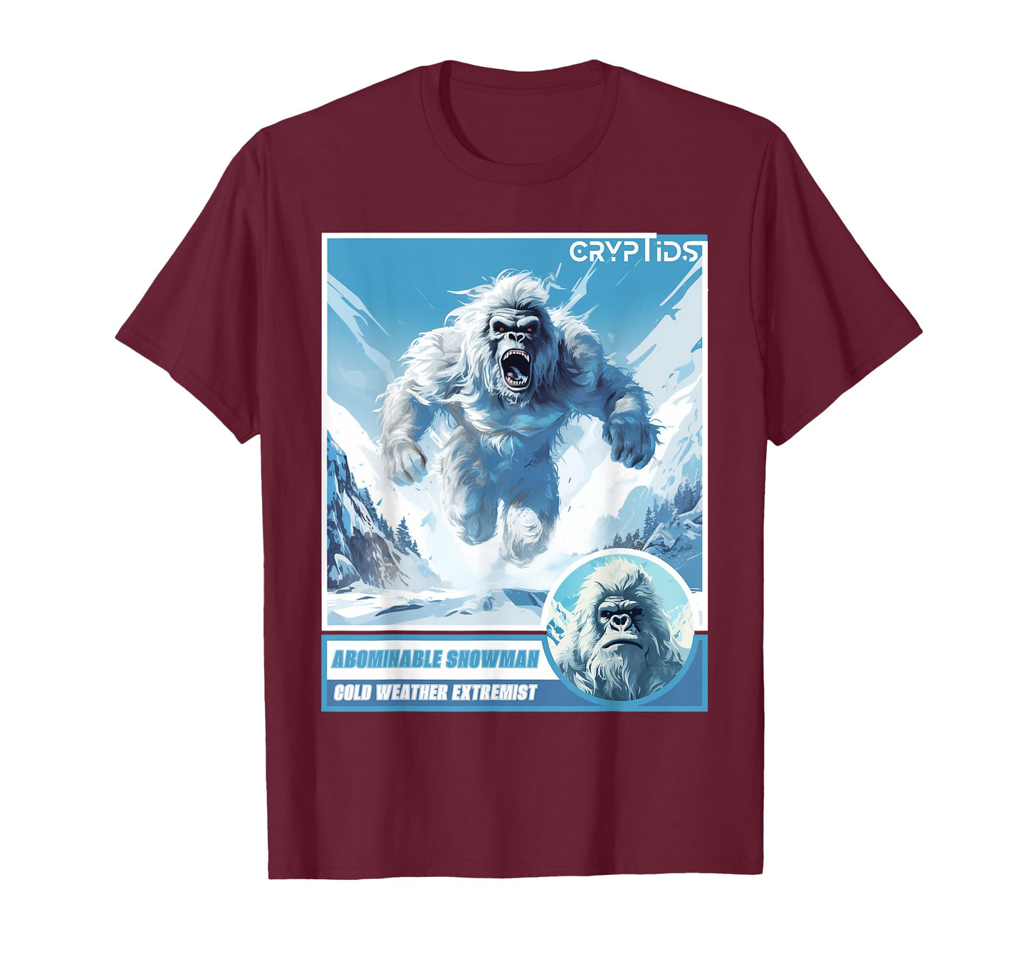 Cryptozoology Cryptid Believer Apparel Unisex-Kids, Adults Black Cartoon Abominable Snowman Winter Classic Fit Crew Neck T-Shirt