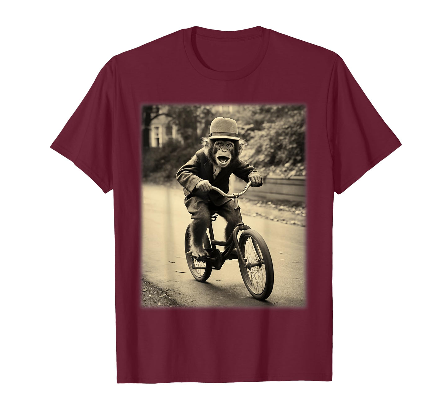 Funny Cute Monkey Chimp Riding Vintage Bicycle Men Woman T-Shirt