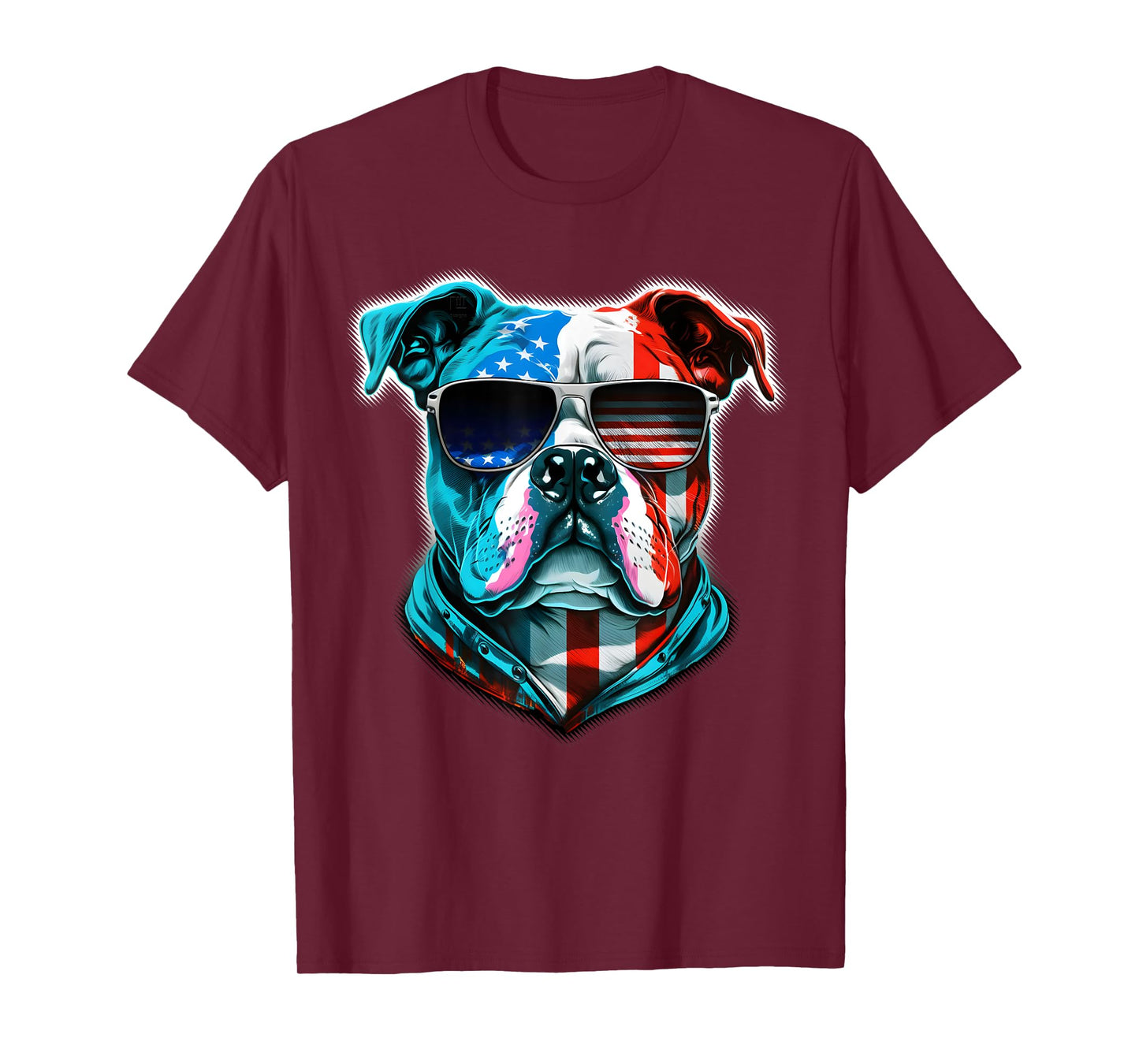 Bulldog Dog Red White Blue American Flag Sunglasses T-Shirt for Women Kids Men
