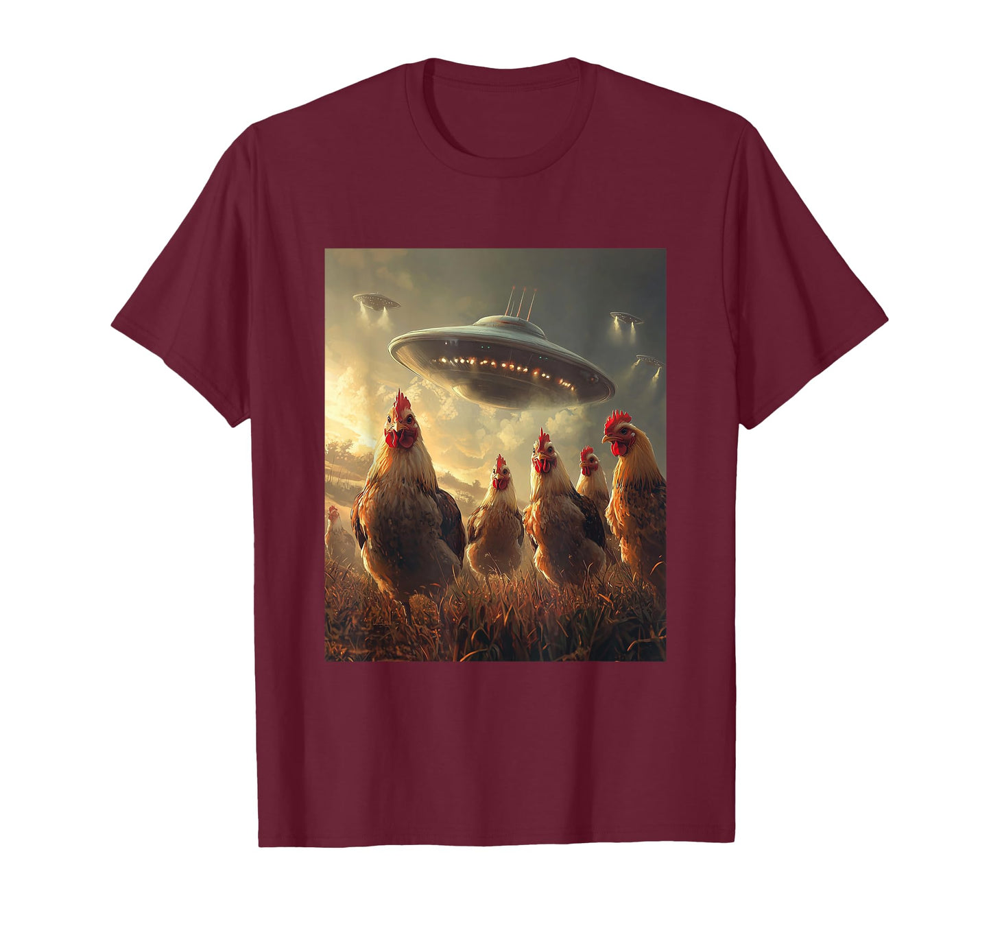 Chicken Selfie with UFOs Aliens Funny Graphic T-Shirt