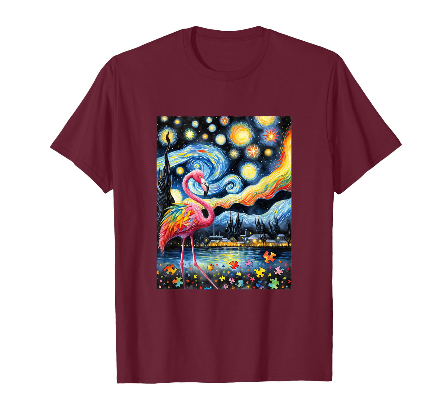 Flamingo Autism Awareness Starry Night Van Gogh T-Shirt