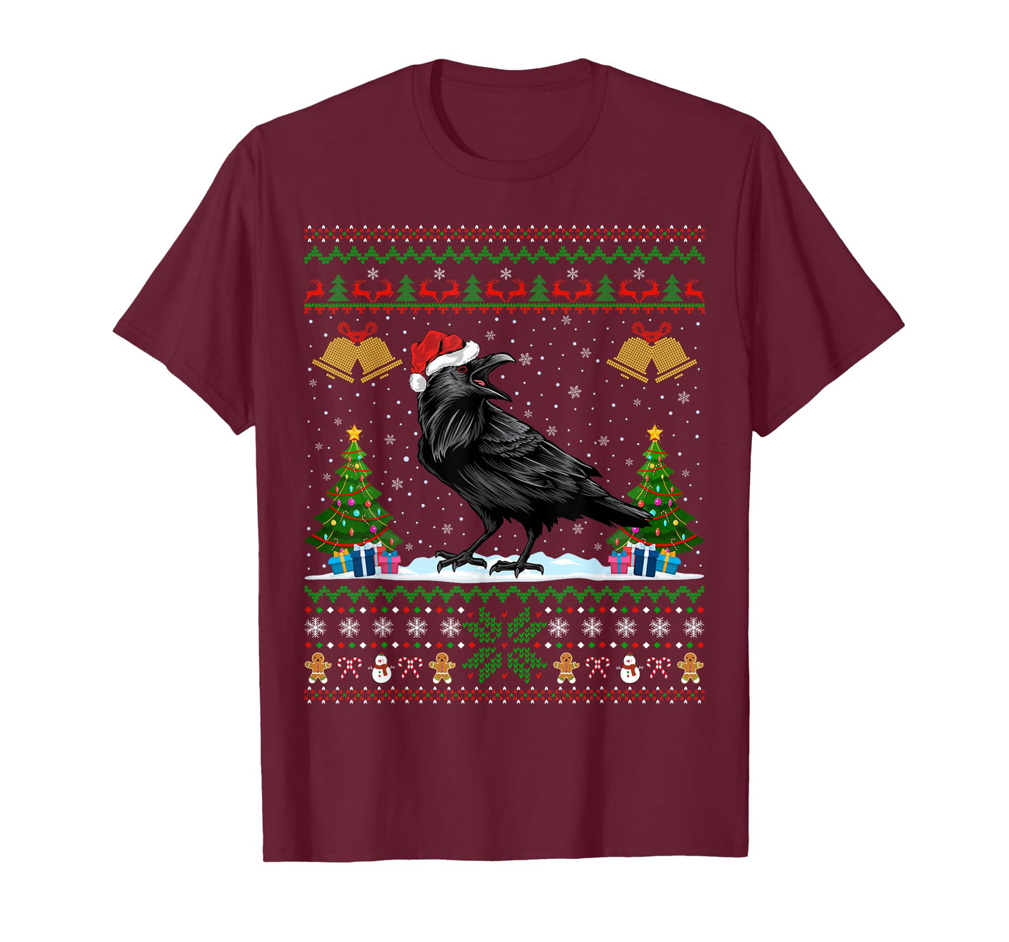 Santa Hat Raven Bird Xmas Lighting Ugly Raven Christmas T-Shirt