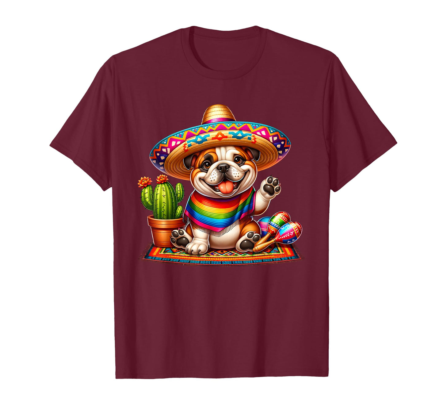 Funny Cute Bulldog Saying Hi Cinco De Mayo Sombrero Maracas T-Shirt for Men Women Kids