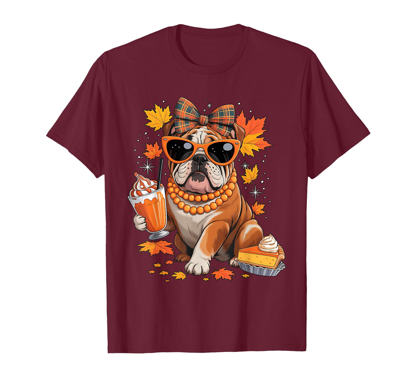 English Bulldog Bow Girls Fall Autumn Leaves Thanksgiving T-Shirt