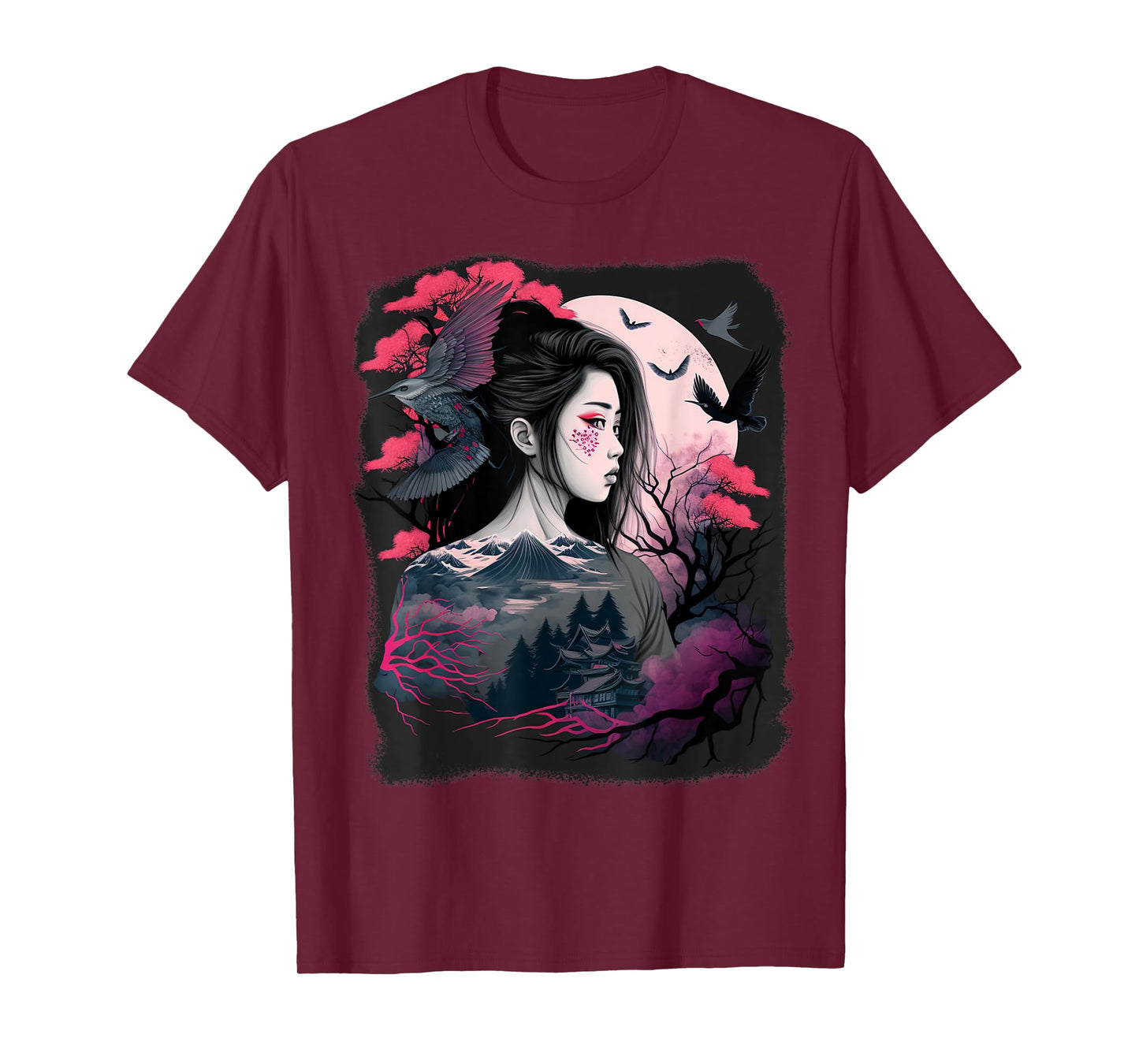 Japanese Samurai Girl Sakura Cherry Blossom Aesthetic Moon T-Shirt